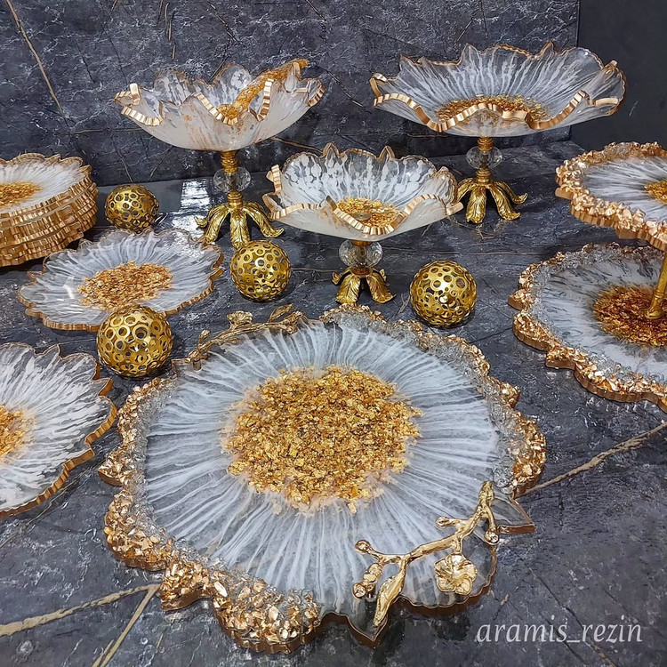 سینی رزینی پذیرایی سفید طلایی میوهخوری رزینی اجیل خوری رزینی شکلاتخوری رزینی سفید طلایی ظروف جهیزیه سفید طلایی