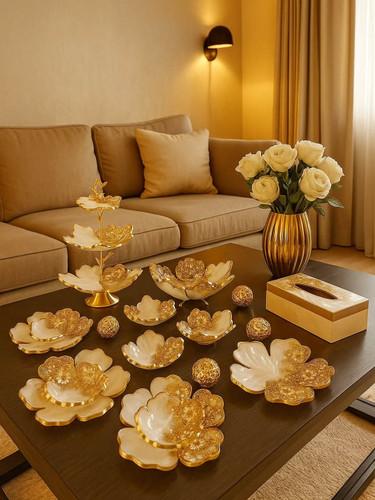 سرویس ظروف پذیرایی رزینی طرح گل سفید طلایی