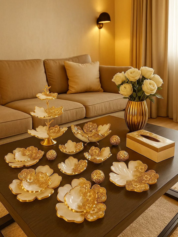 سرویس ظروف پذیرایی رزینی طرح گل سفید طلایی