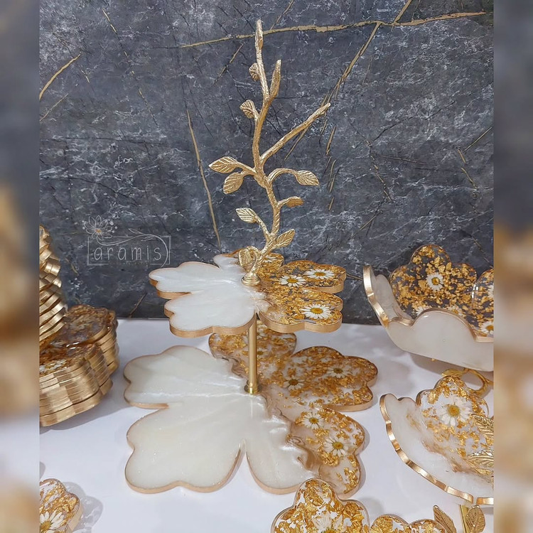 شیرینیخوری رزینی دوطبقه دسته برگ برنجی