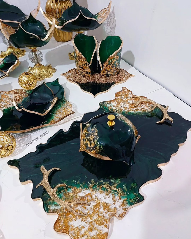 سینی سبز طلایی پذیرایی مستطیل قندان رزینی