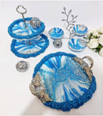 سینی پذیرایی رزینی دایره آبی سفید نقره ای