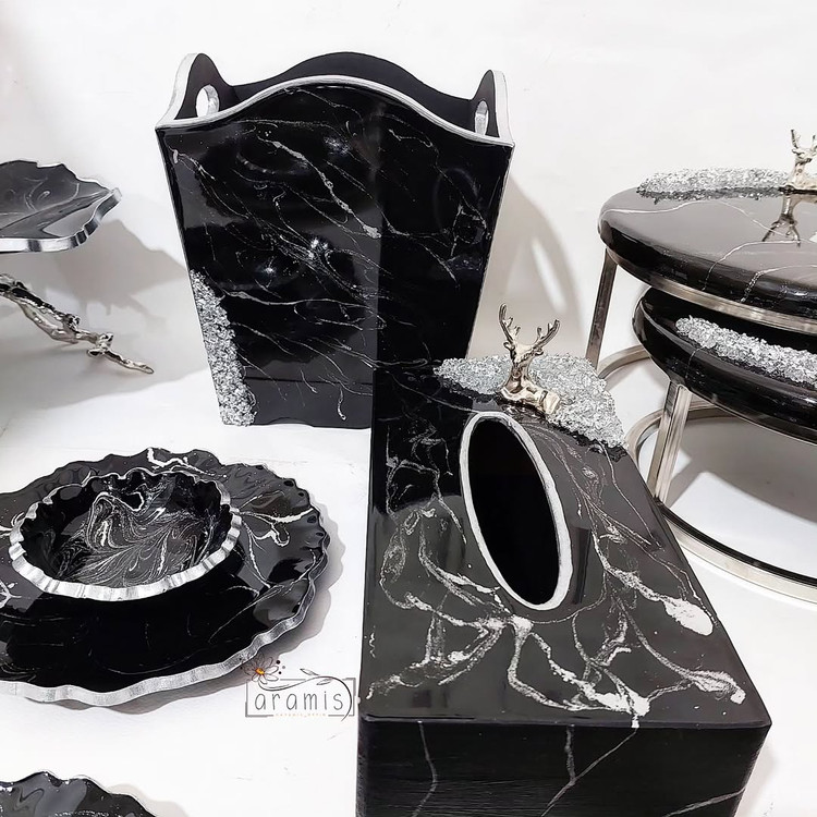 جعبه دستمال و سطل رزینی مشکی نقره ای