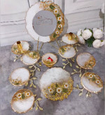 پیاله هفتسین رزینی سفید طلایی پایه برگ برنجی طلایی