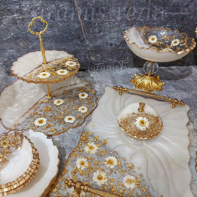 سینی و قندون سفید طلایی بابونه