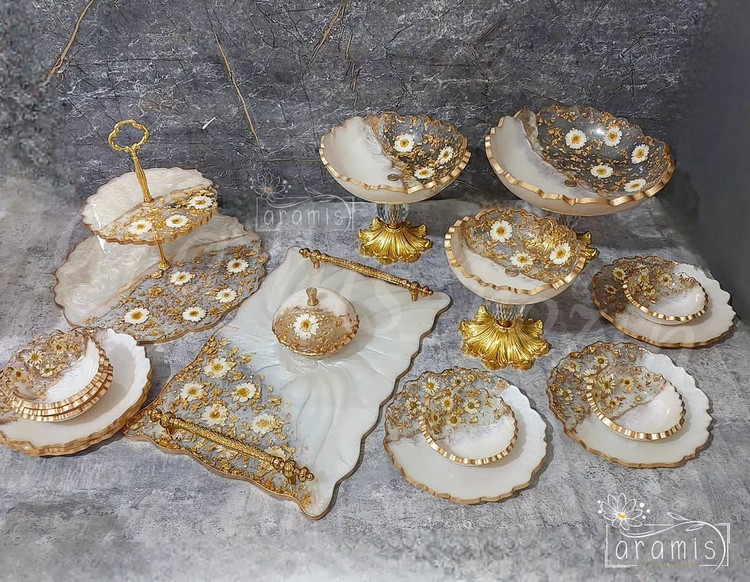 سرویس پذیرایی رزینی سفید طلایی بابونه