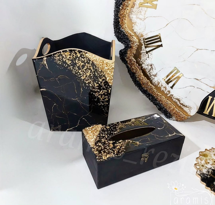 سطل جعبه دستمال مشکی طلایی رزینی