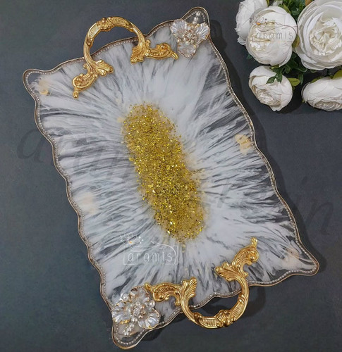 سینی رزینی مستطیل سفید طلایی