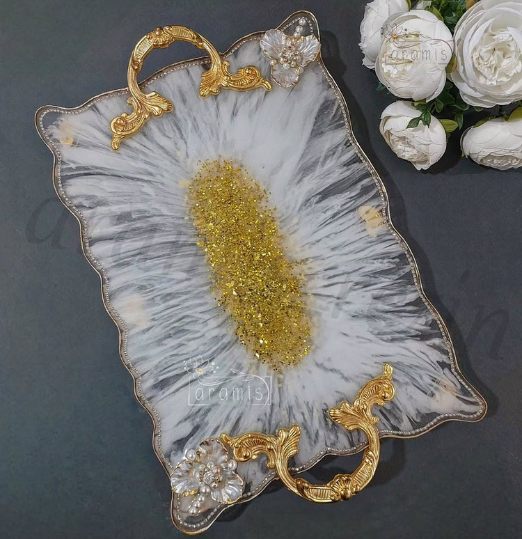 سینی رزینی مستطیل سفید طلایی