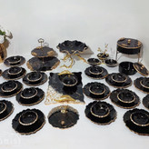 سرویس ظروف پذیرایی رزینی زمینه مشکی رگه طلایی ماربل