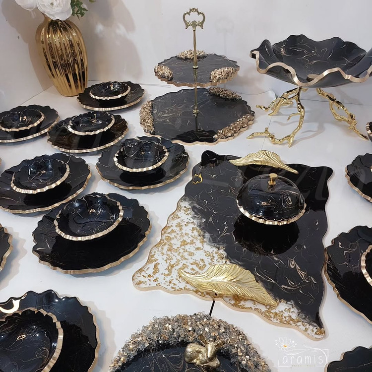 سینی رزینی مستطیل مشکی طلایی رزینی