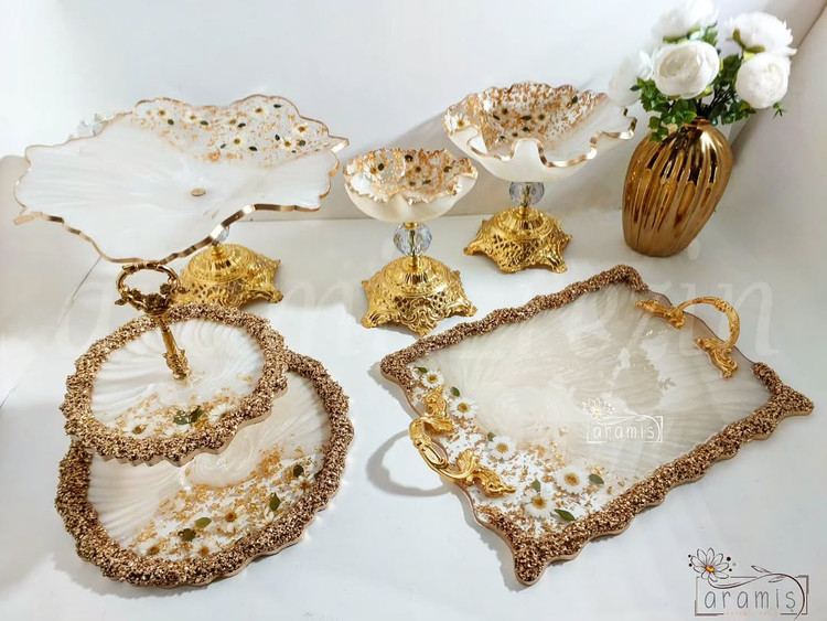 سینی سفید طلایی مستطیل پذیرایی