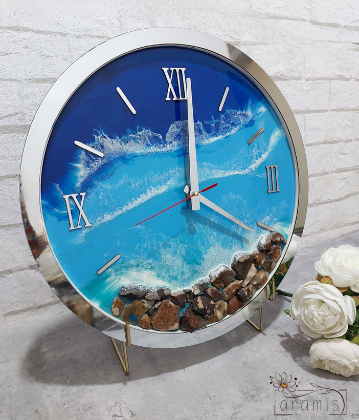 ساعت دیواری رزینی طرح دریا فریم نقره ای دایره قطر۴۰