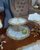 سرویی پذیرایی رزینی طرح کرم طلایی مرمر سنگ رگه دار پایه برگ برنجی